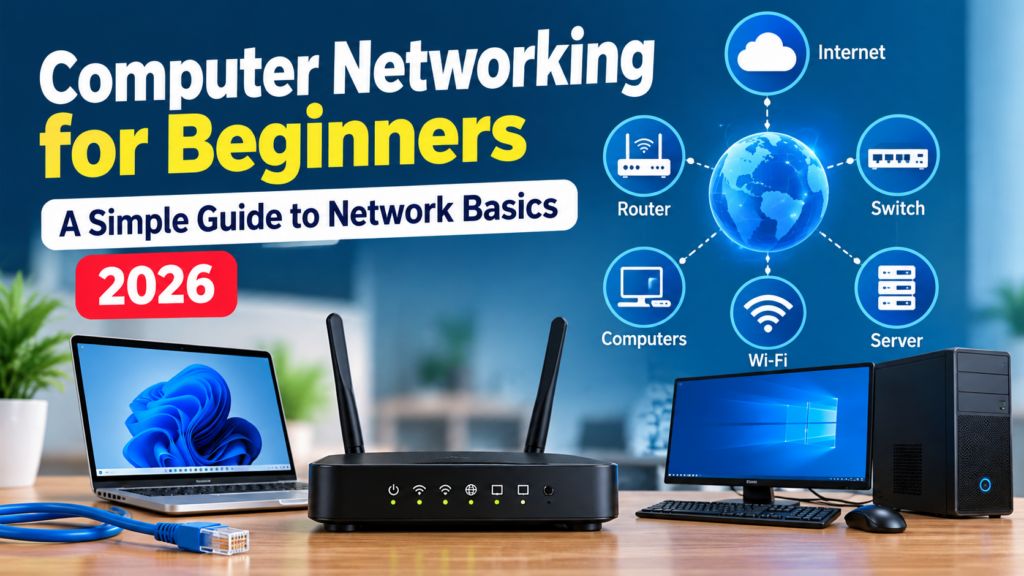 Computer networking for beginners with Wi-Fi router, computers, and network diagram