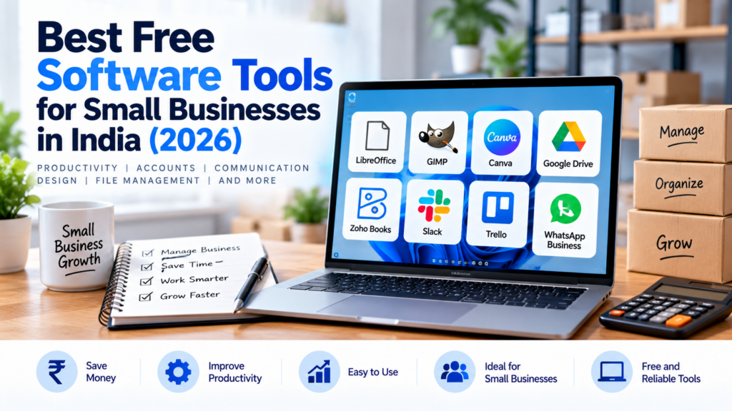 Free software tools for small businesses in India, including accounting, productivity, project management, and business communication