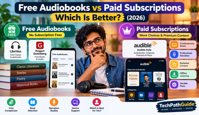 Free audiobooks vs paid subscriptions comparison showing free audiobook platforms and premium listening features in 2026.