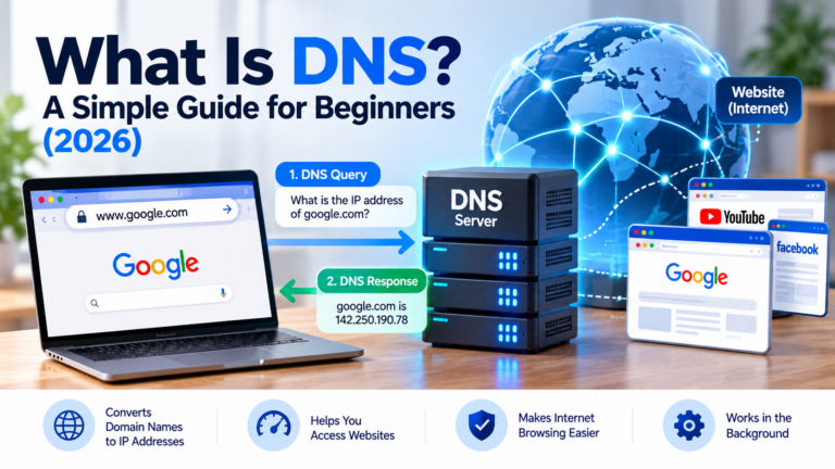 DNS explained for beginners, showing how a DNS server translates a website domain name into an IP address